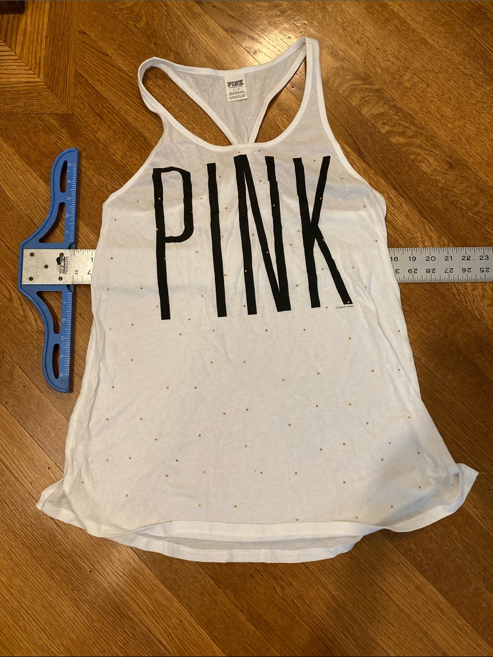 PINK Victoria's Secret White Racerback Tank with Black Logo and Gold Studs